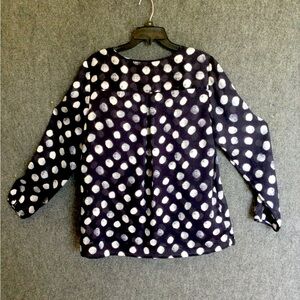 COLDWATER CREEK NAVY BLUE sheer dotty pullover M BLOUSE w/ tie neck.